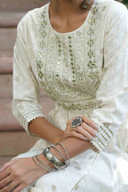 Juniper Off-White Rayon Festive Wear Embroidered A-Line Long Dress | Grocsy