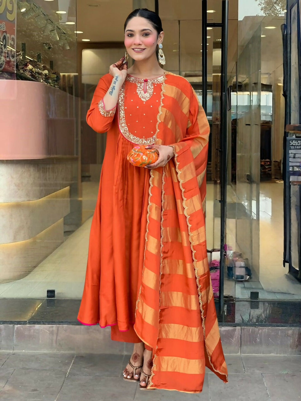 The52 Rust Women's Gorgeous Embroidered Work Chanderi Fabric Flared Kurta Pant and Dupatta Set | Grocsy