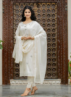 Kaajh Women's Off White Mirror Embellished Cotton Suit Set | Grocsy