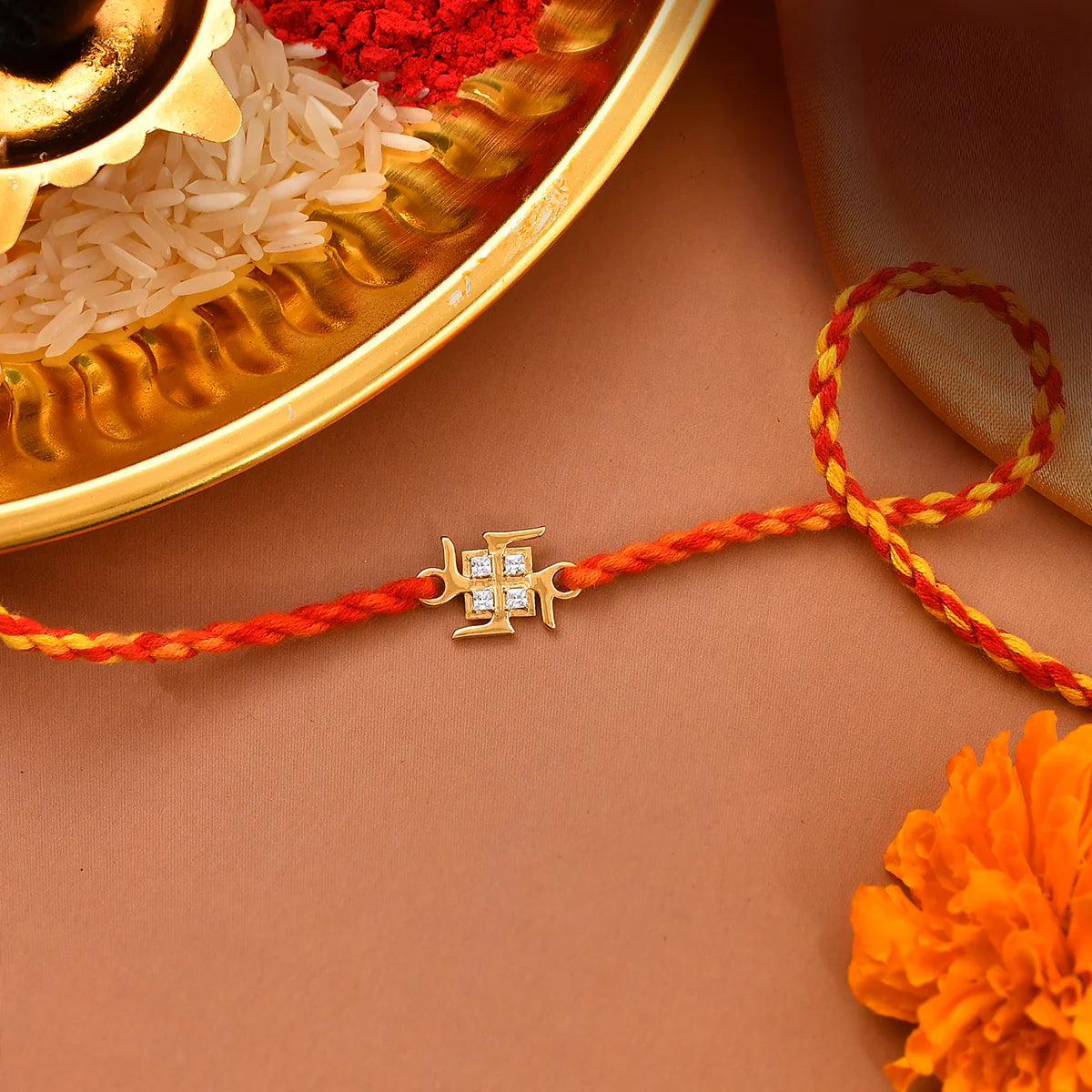trueBrowns 925 Sterling Silver Swastik Gold-Polished Gold Micron Plated Thread Rakhi | Grocsy