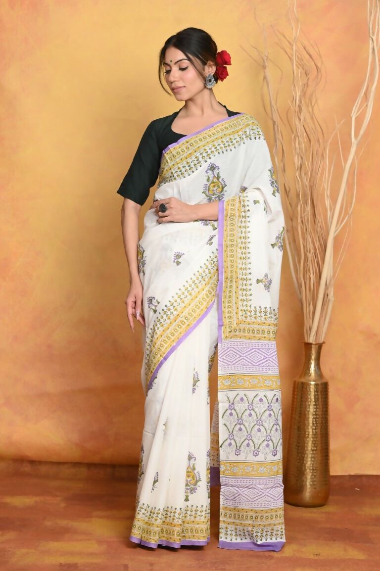 Very Much Indian Handblock Printed Cotton Saree With Natural Dyes - White | Grocsy