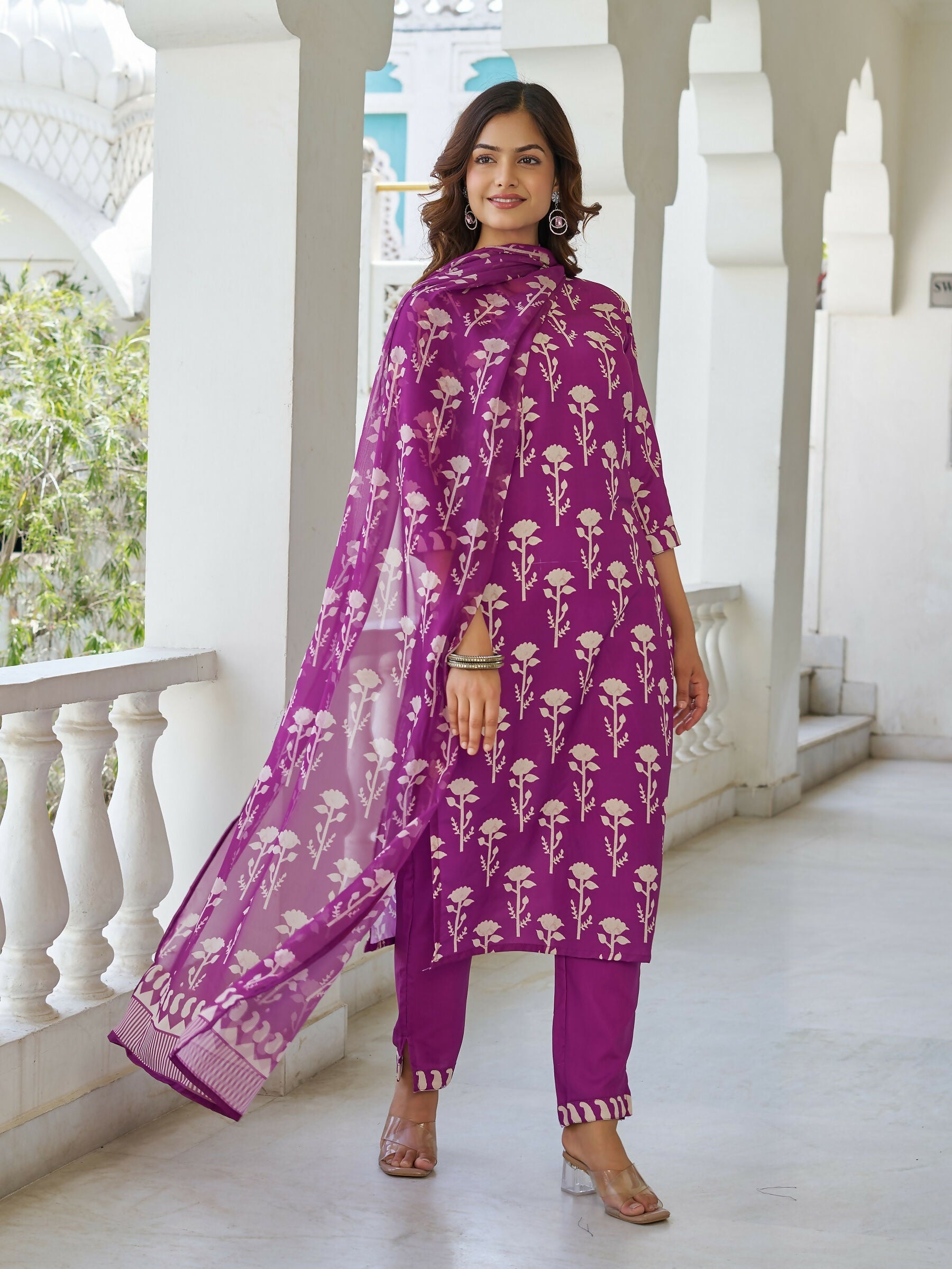 The52 Wine Women's Beautiful Cotton Blend Fabric Printed Work Straight Kurta, Pant and Dupatta Set | Grocsy