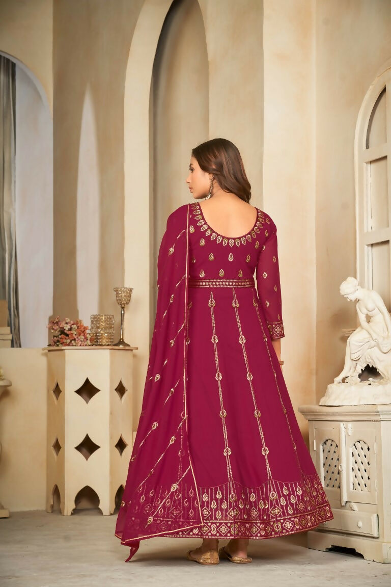 Jyoti Fashion Women's Rani Pink Georgette Embroidered Anarkali Kurta Pant Set With Dupatta | Grocsy