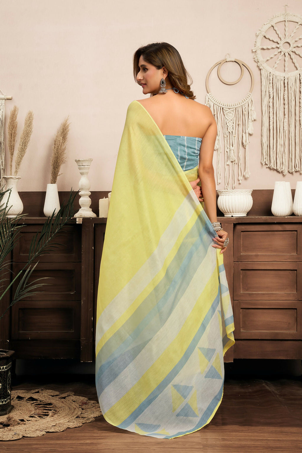 Joban Fashion Bright Yellow Striped & Geomatric Linen Ready To Wear Saree With Unstitched Blouse | Grocsy