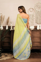 Joban Fashion Bright Yellow Striped & Geomatric Linen Ready To Wear Saree With Unstitched Blouse | Grocsy