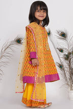 Little Bansi Girls Cotton Kurta frock with booti work,Sharara & Dupatta - Yellow | Grocsy