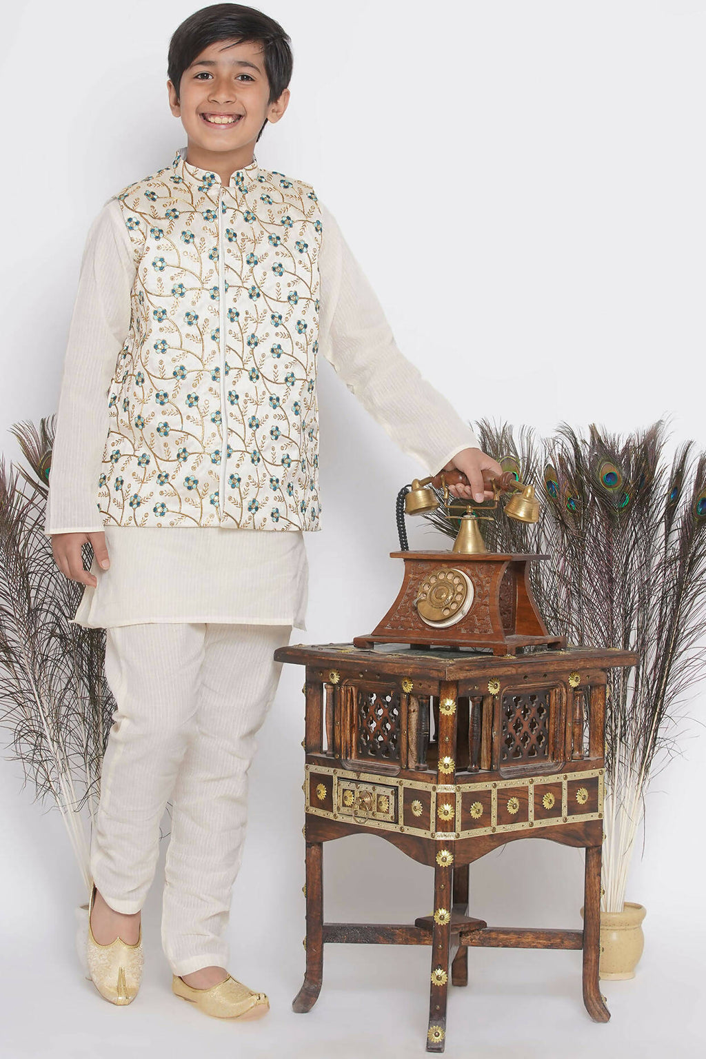 Little Bansi Banarsi Silk Blue Floral Embroidery Jacket with Cotton Kantha kurta and Kantha Pyjama - Cream | Grocsy
