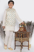 Little Bansi Banarsi Silk Blue Floral Embroidery Jacket with Cotton Kantha kurta and Kantha Pyjama - Cream | Grocsy