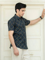 Miravan Men's Pure Cotton Blue Abstract Printed Half Sleeve Slim Fit Shirt | Grocsy