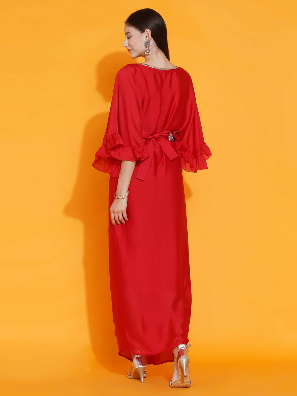 Women Republic Red Georgette Gown With Embellished Belt | Grocsy