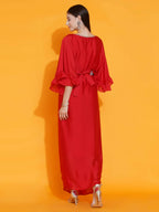 Women Republic Red Georgette Gown With Embellished Belt | Grocsy