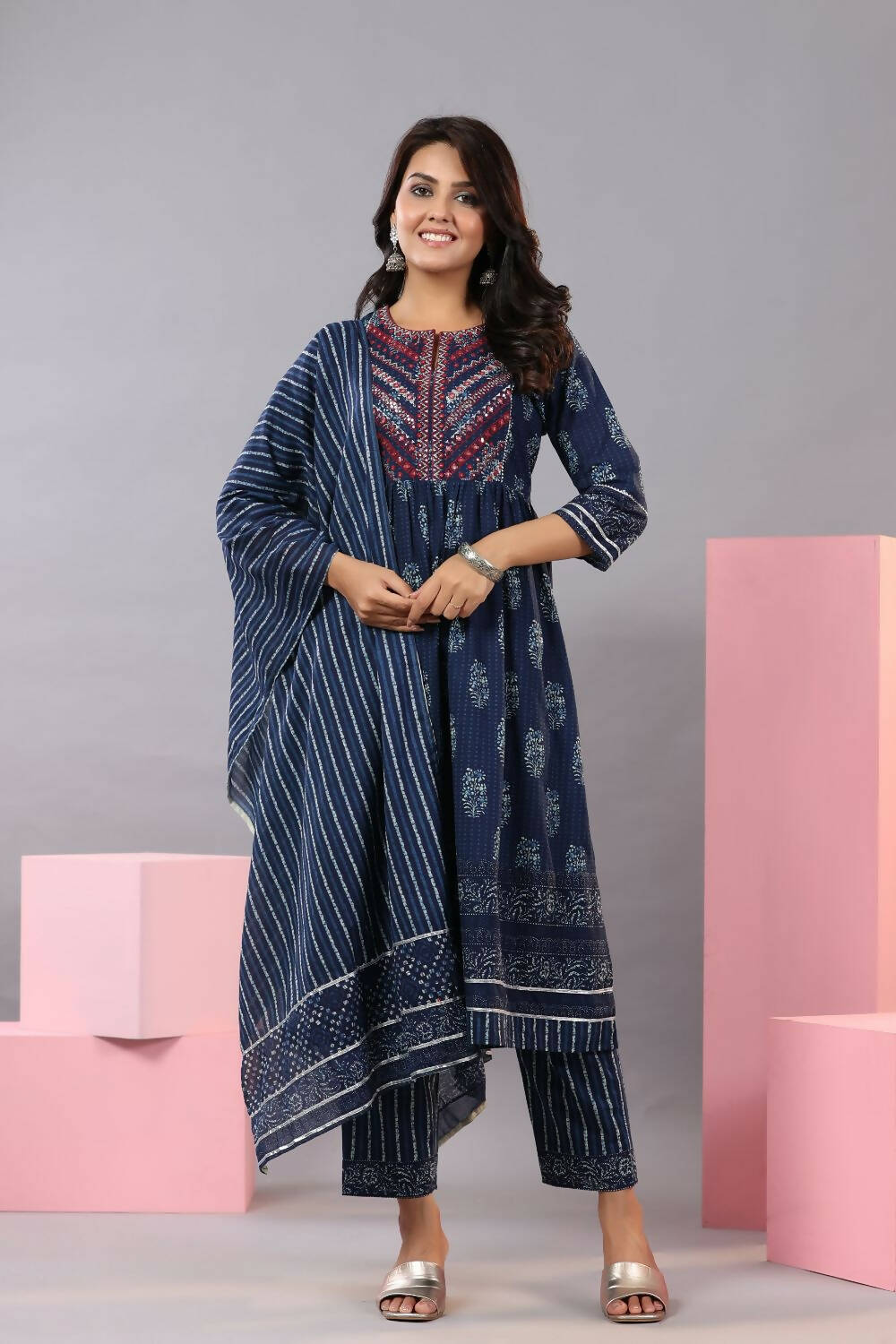 Juniper Women Indigo Cotton Cambric Batik texture Printed Kurta, Pants and Dupatta Set | Grocsy