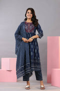 Juniper Women Indigo Cotton Cambric Batik texture Printed Kurta, Pants and Dupatta Set | Grocsy