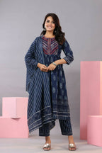 Juniper Women Indigo Cotton Cambric Batik texture Printed Kurta, Pants and Dupatta Set | Grocsy