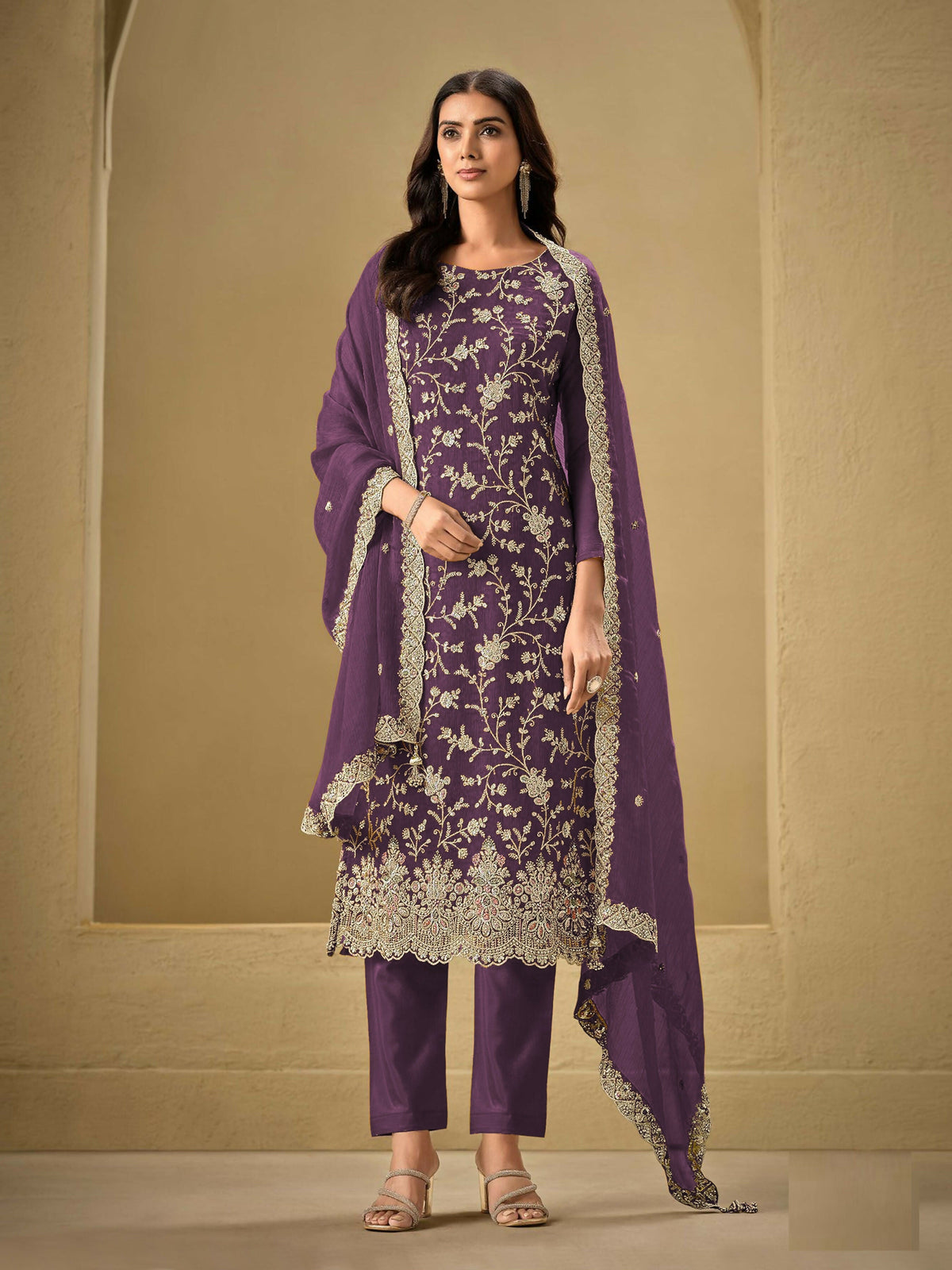 Anaita PuprleEmbroderied Silk Stitched Salwar Suit | Grocsy