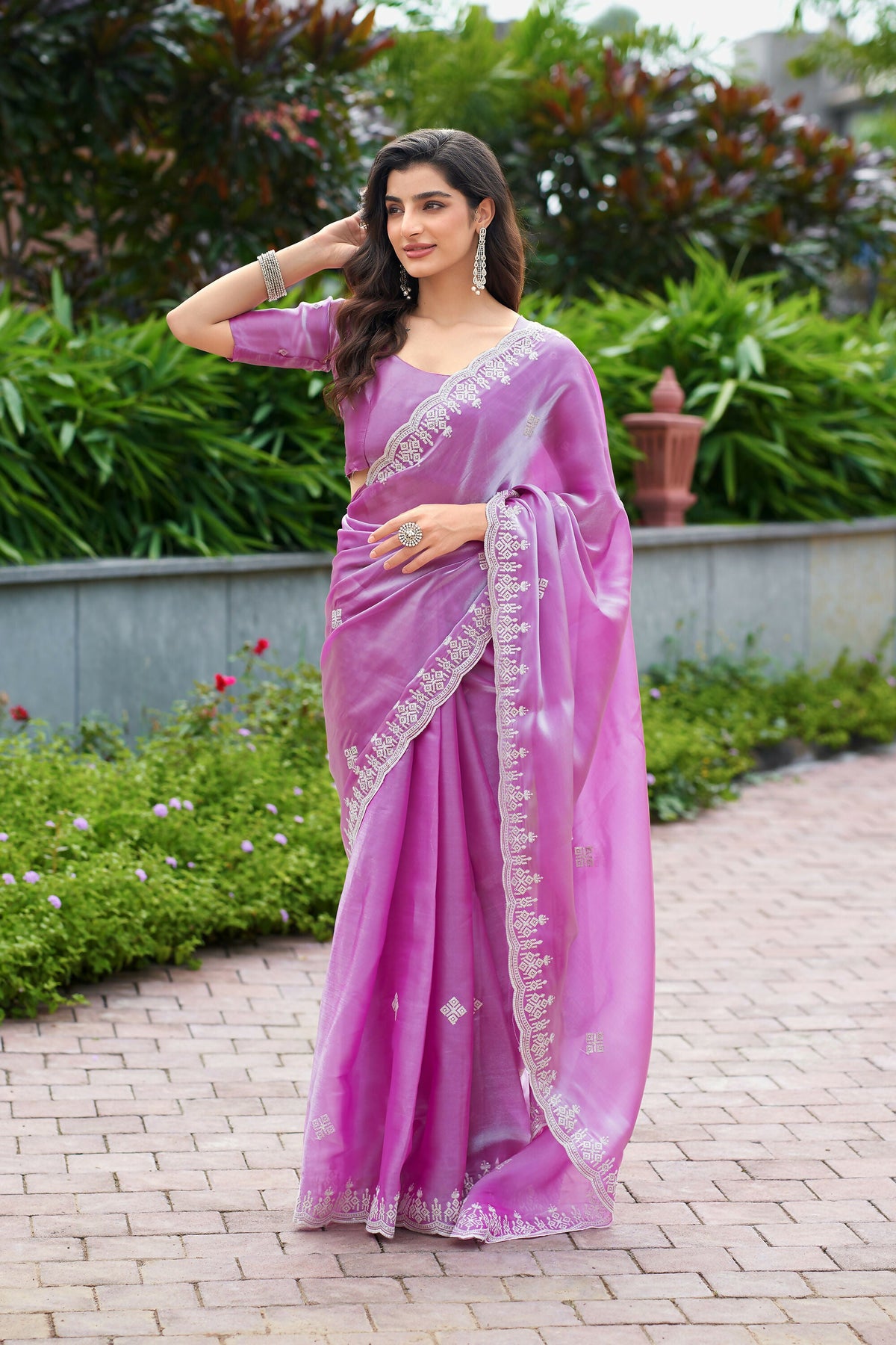 Vastranavya Light Pink Embroidery Work Shimmer Chiffon Saree with Unstitched Blouse | Grocsy