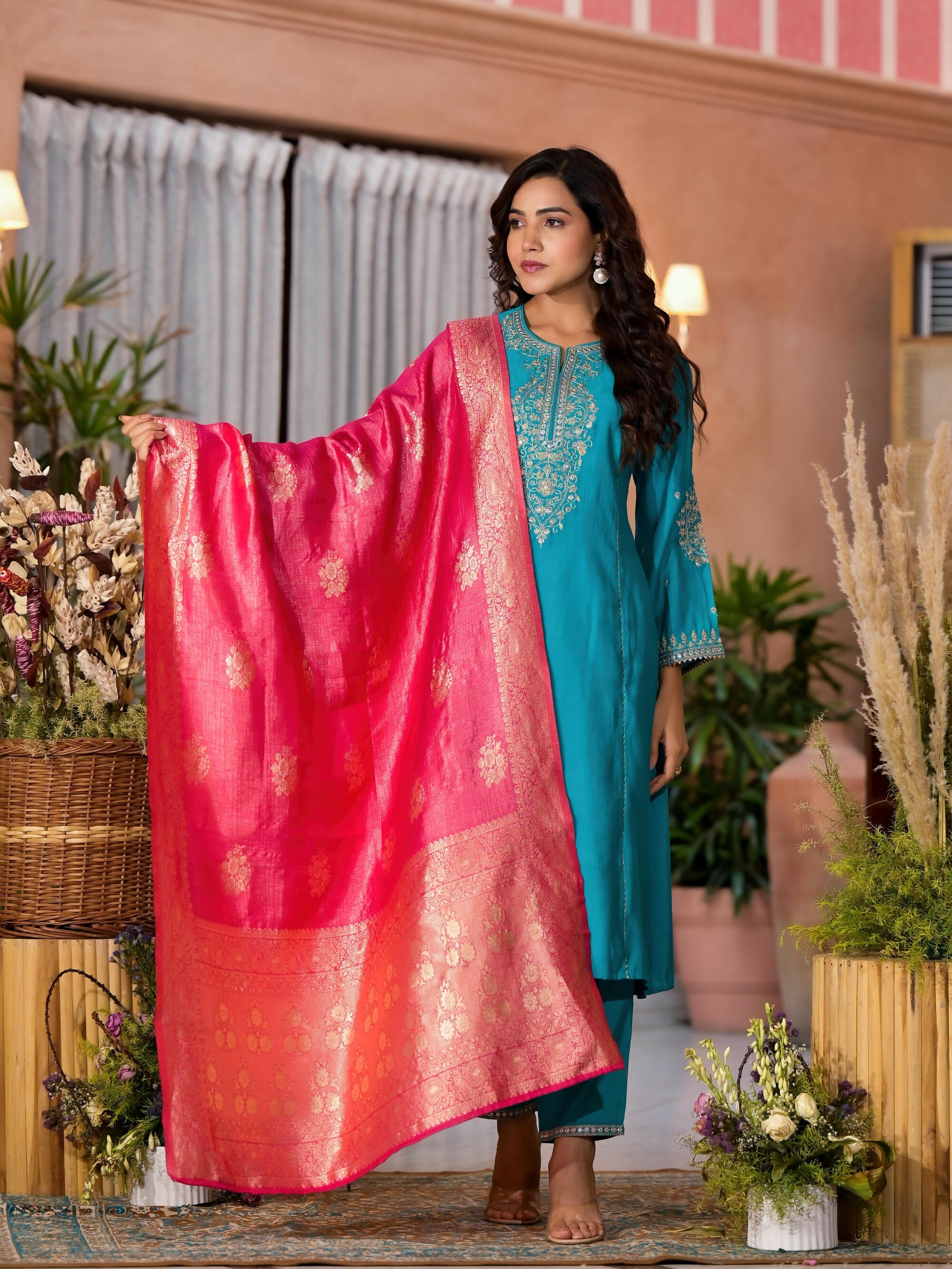 Juniper Women's Turquoise Zari Embroidered Viscose Kurta Pant And Dupatta Set With Lace & Mirror Work | Grocsy