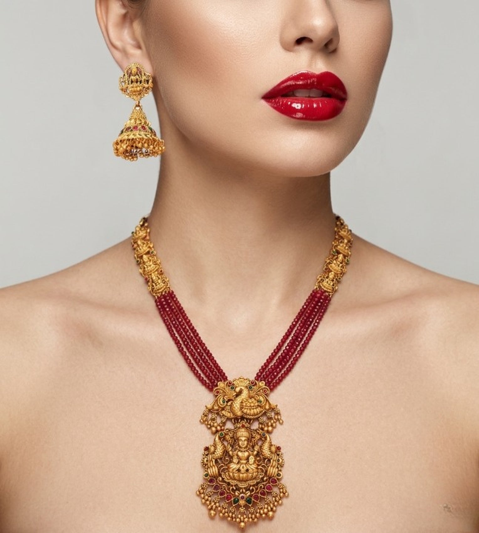 Jewel City Gold Plated South Indian Temple Jewelry Set - Long Pearl Haram Necklace with Jhumka Earrings for Wedding | Grocsy
