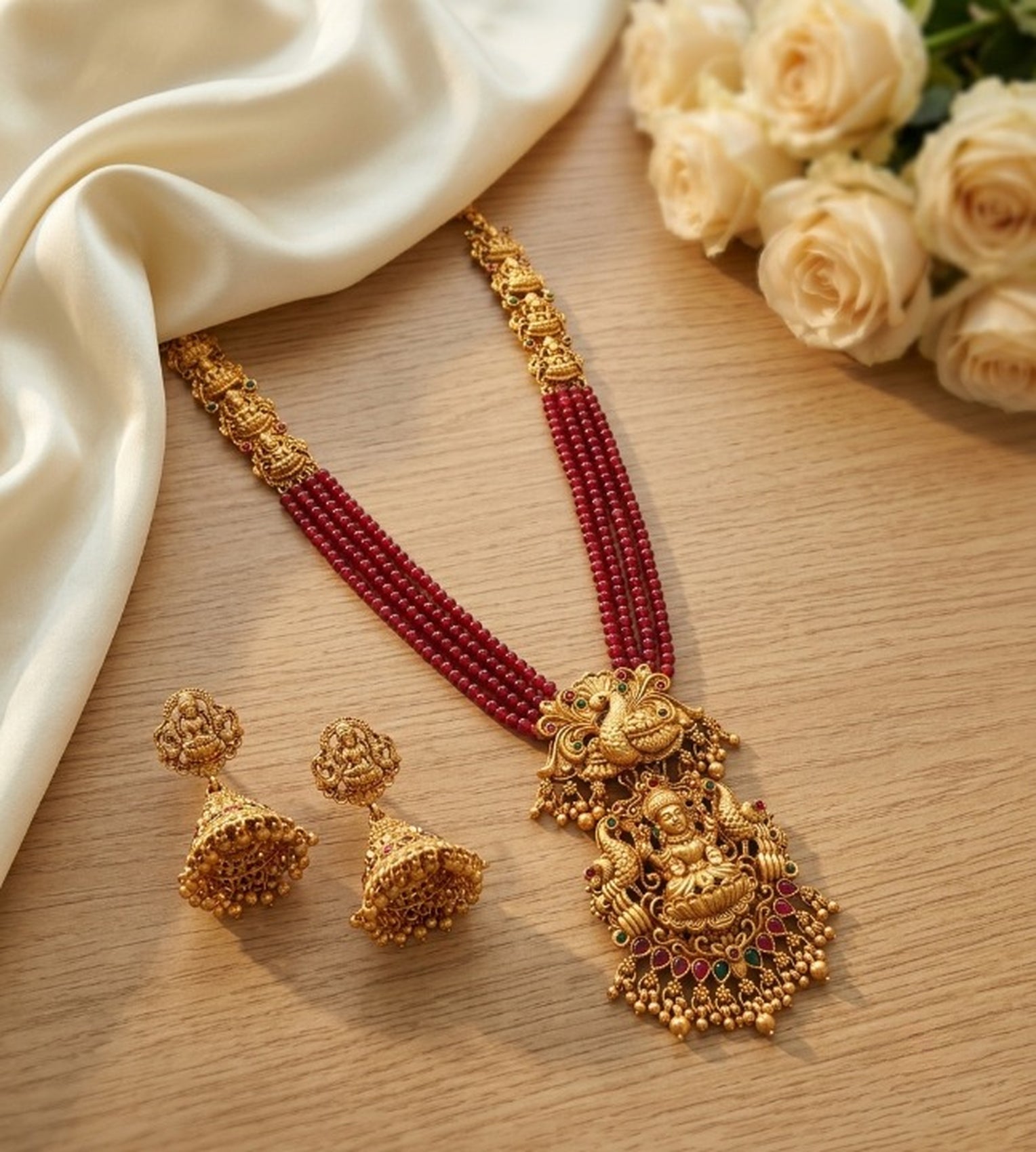 Jewel City Gold Plated South Indian Temple Jewelry Set - Long Pearl Haram Necklace with Jhumka Earrings for Wedding | Grocsy
