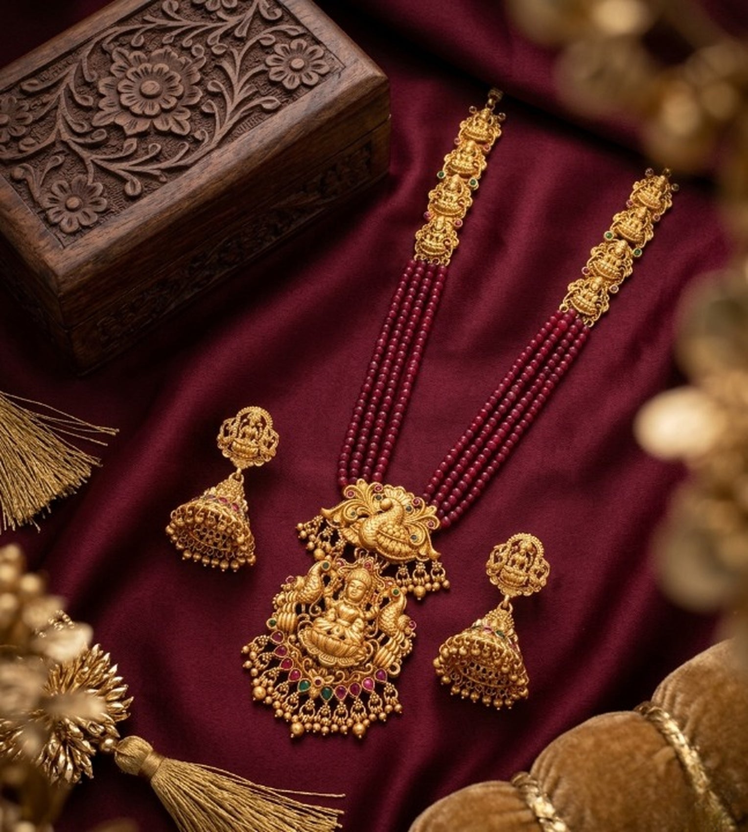 Jewel City Gold Plated South Indian Temple Jewelry Set - Long Pearl Haram Necklace with Jhumka Earrings for Wedding | Grocsy