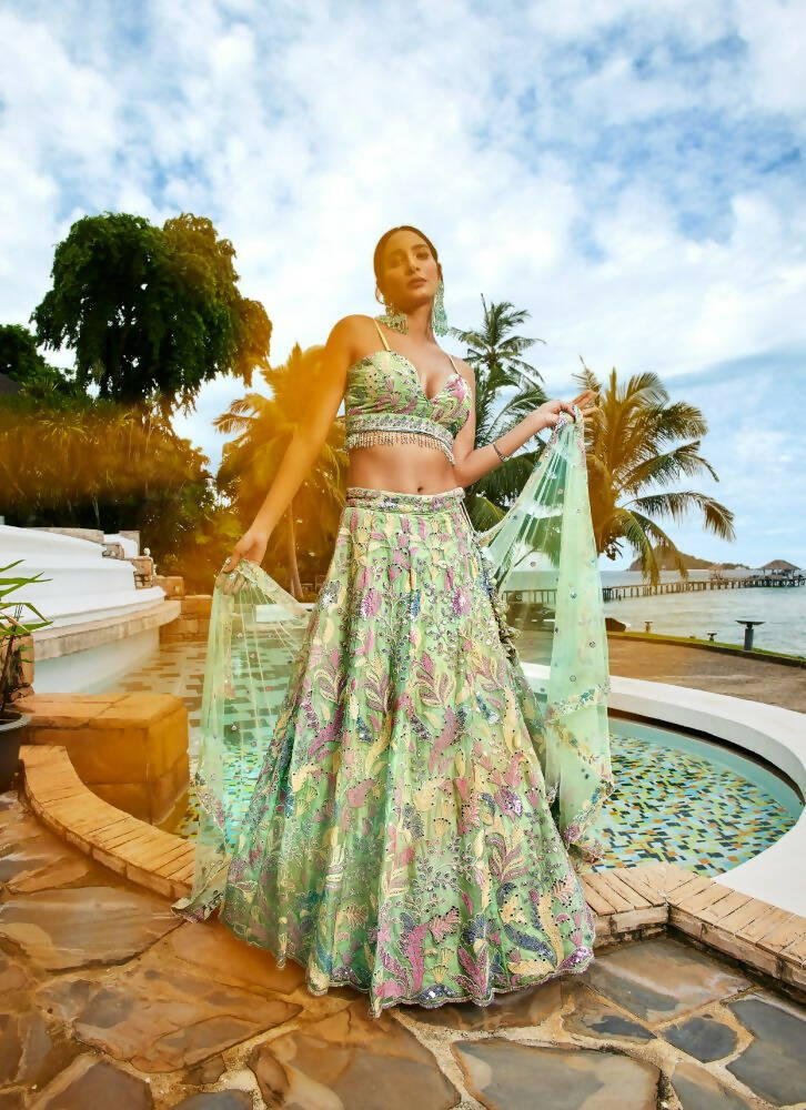 House of Panchhi Lime Green Organza Sequins And Mirror Embroidery Lehenga Choli & Dupatta | Grocsy
