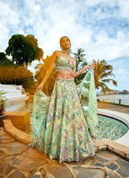 House of Panchhi Lime Green Organza Sequins And Mirror Embroidery Lehenga Choli & Dupatta | Grocsy