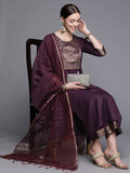 Indo Era Solid Wine Straight Kurta Palazzo With Dupatta Set | Grocsy