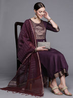 Indo Era Solid Wine Straight Kurta Palazzo With Dupatta Set | Grocsy