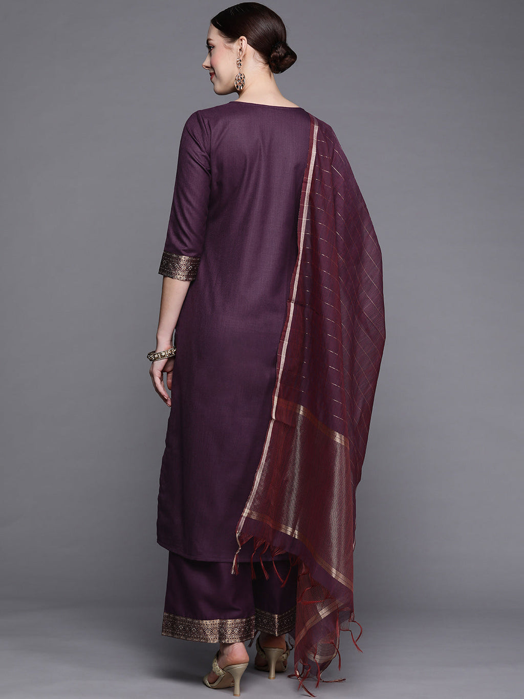 Indo Era Solid Wine Straight Kurta Palazzo With Dupatta Set | Grocsy