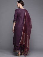 Indo Era Solid Wine Straight Kurta Palazzo With Dupatta Set | Grocsy