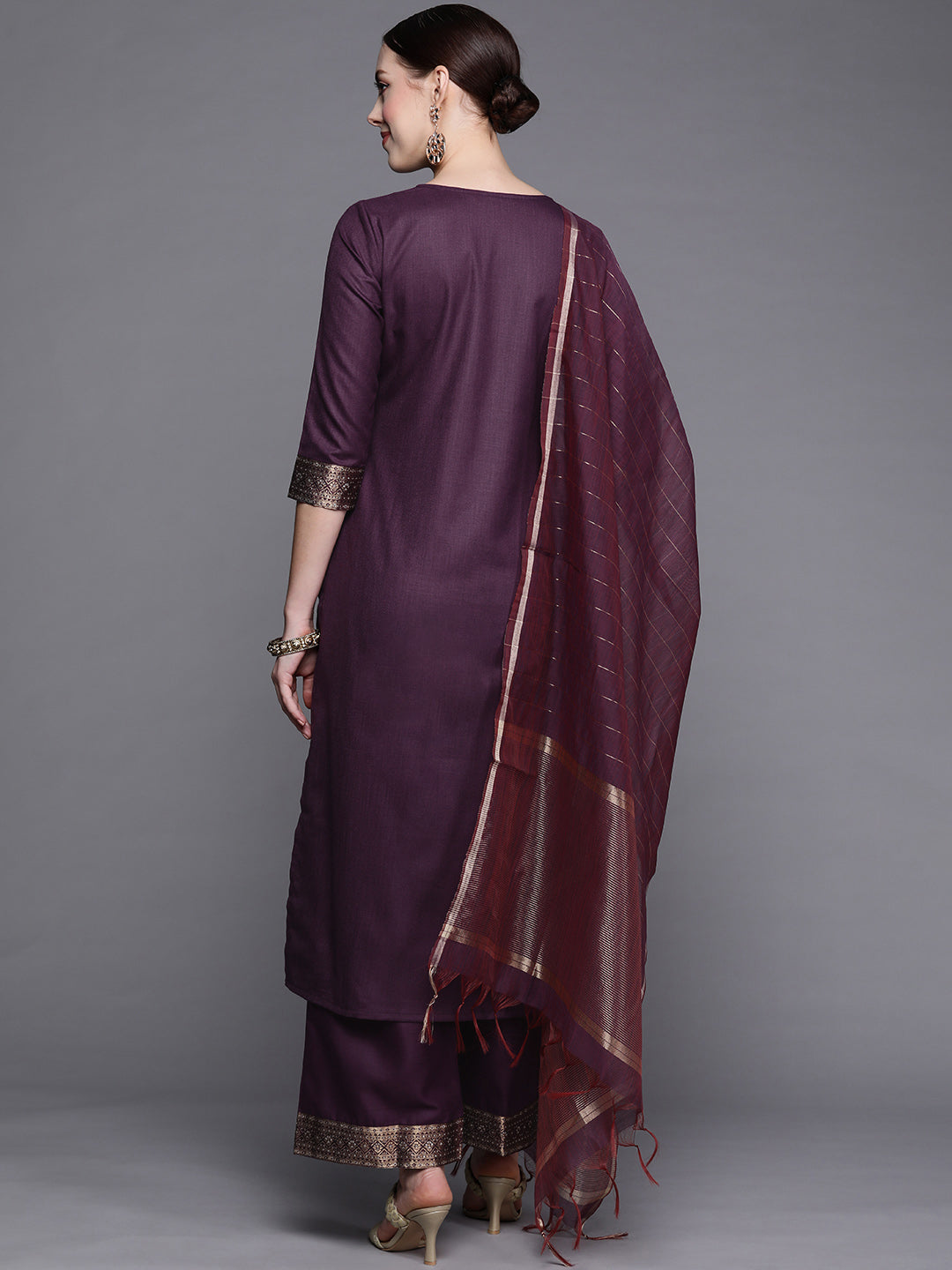Indo Era Solid Wine Straight Kurta Palazzo With Dupatta Set | Grocsy