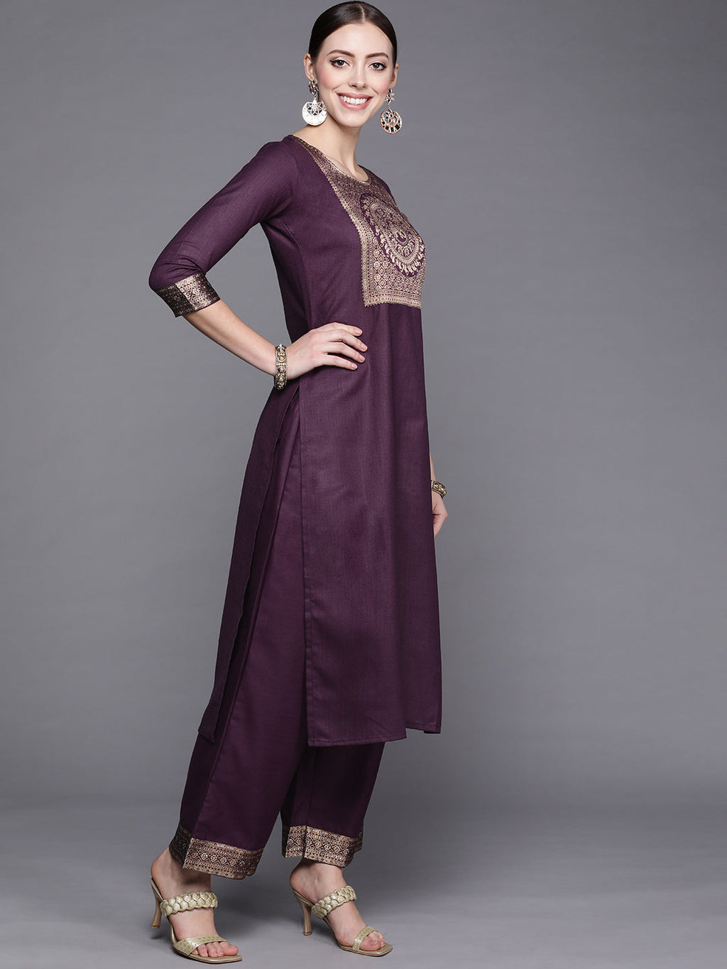 Indo Era Solid Wine Straight Kurta Palazzo With Dupatta Set | Grocsy