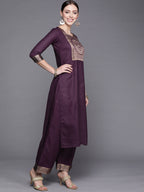 Indo Era Solid Wine Straight Kurta Palazzo With Dupatta Set | Grocsy