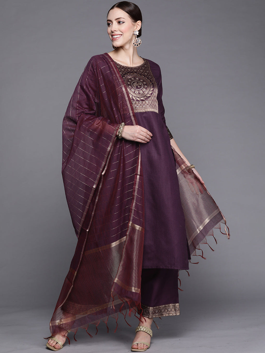 Indo Era Solid Wine Straight Kurta Palazzo With Dupatta Set | Grocsy