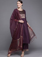 Indo Era Solid Wine Straight Kurta Palazzo With Dupatta Set | Grocsy
