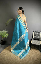 Joban Fashion Turquoise Woven Pattern Raw Silk Kanjivaram Silk Saree | Grocsy