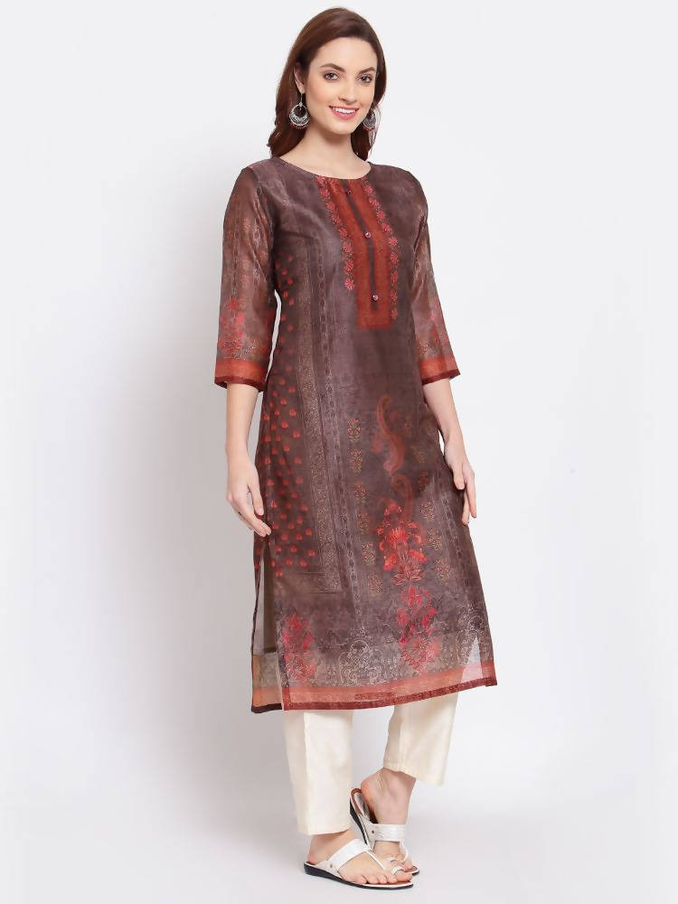 Myshka Women's Multi Printed Chanderi Silk 3/4 Sleeve Round Neck Casual Kurta | Grocsy