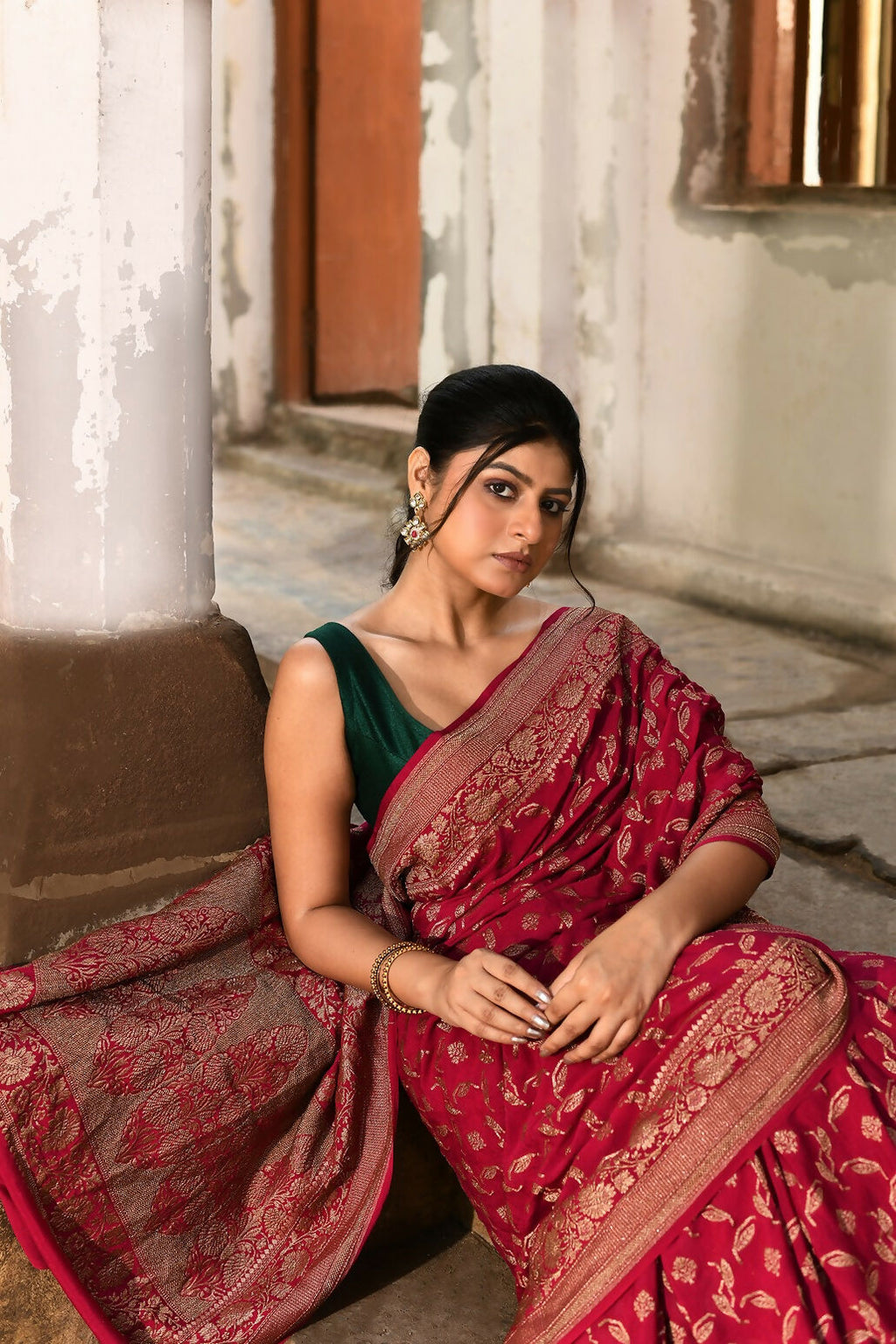 Joban Fashion Hot Pink Crepe Chiffon Banarasi Pure Handloom Banarasi Silk Saree | Grocsy