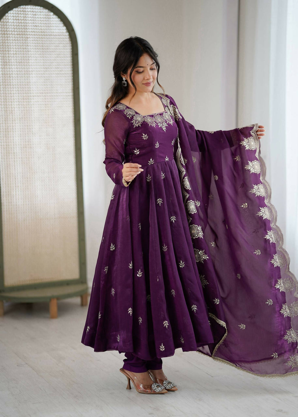 Teeya Creation Wine Color Crunchy Silk Embroidery Work Wedding Wear Gown | Grocsy