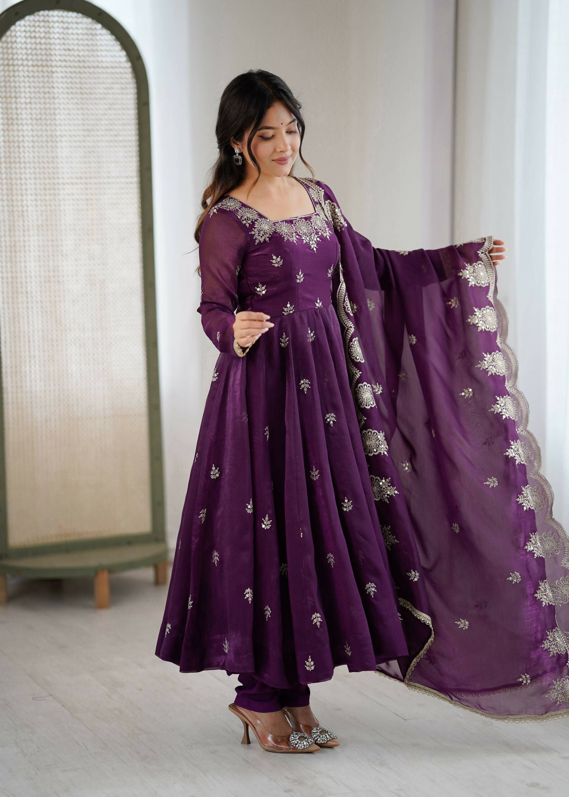 Teeya Creation Wine Color Crunchy Silk Embroidery Work Wedding Wear Gown | Grocsy