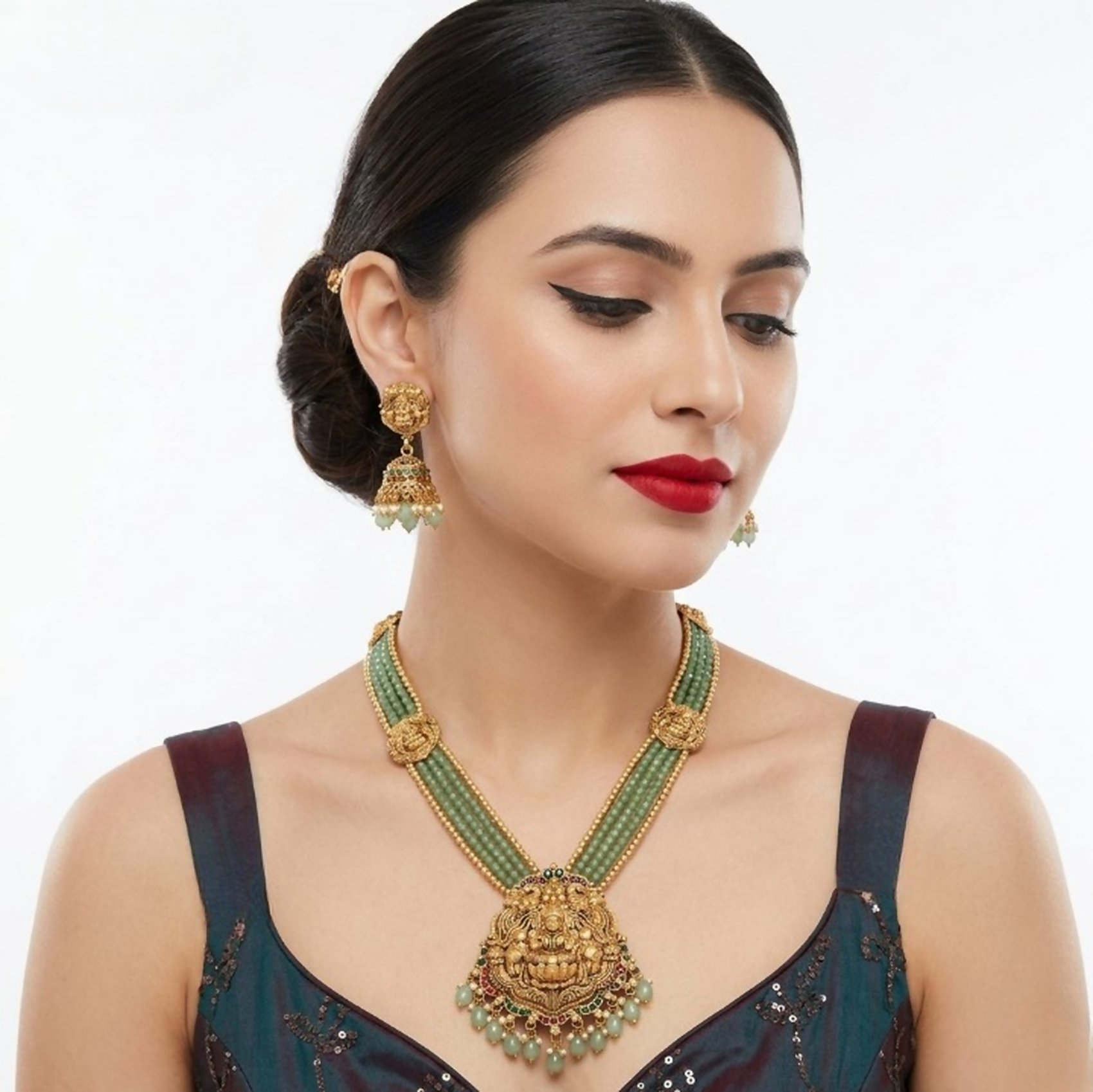Jewel City Antique Gold-Plated Lakshmi Temple Necklace Set with Green Beads and Jhumkas | Grocsy