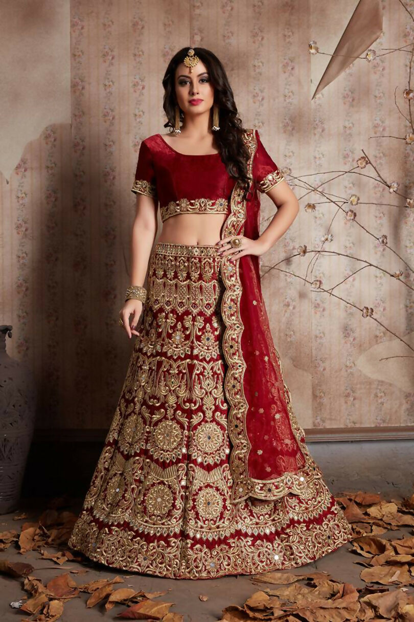 Jyoti Fashion Mesmerizing Red Sequins Embroidered Velvet Lehenga Choli with Dupatta | Grocsy