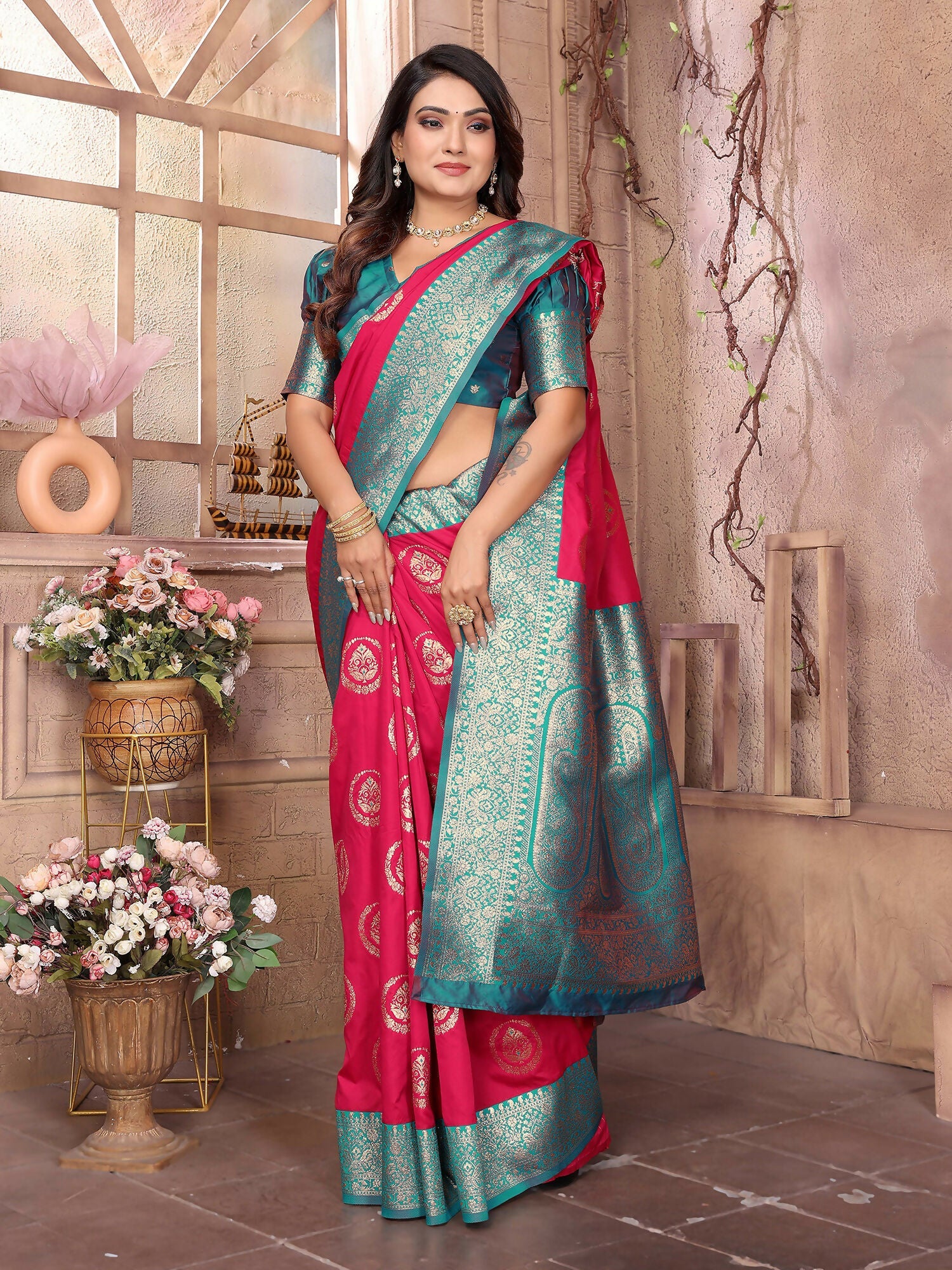 Joban Fashion Hot Pink Banarasi Soft Silk Woven Saree | Grocsy