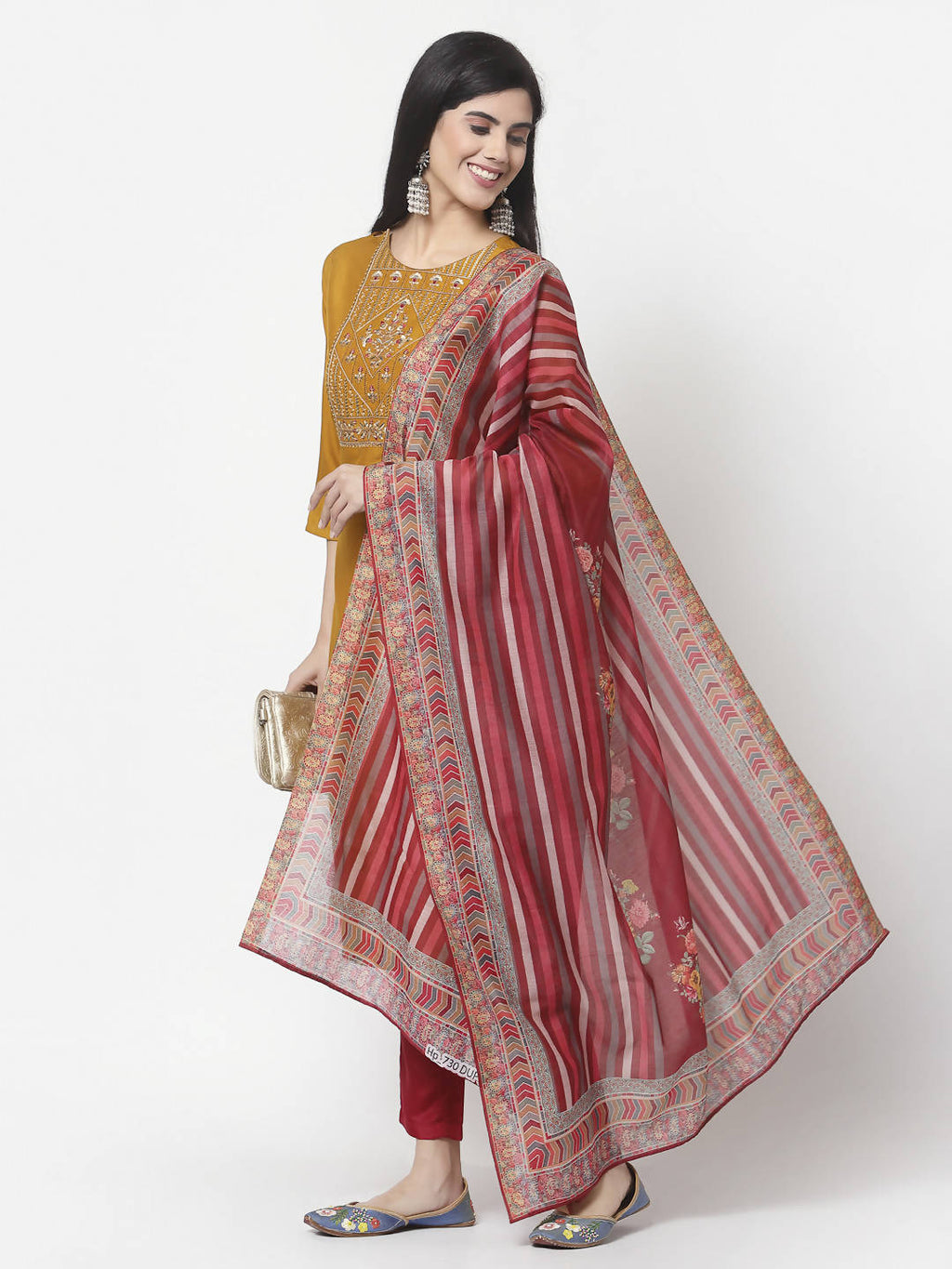 Myshka Women Mustard Viscose Embroidered 3/4 Sleeve Round Neck Kurta Pant Dupatta Set | Grocsy
