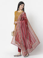 Myshka Women Mustard Viscose Embroidered 3/4 Sleeve Round Neck Kurta Pant Dupatta Set | Grocsy