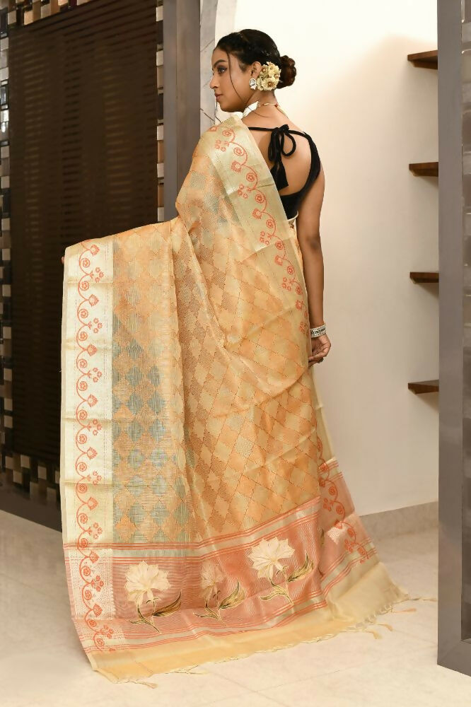 Joban Fashion Light Orange Saree Kota Tissue With Embroidery And Applick Anchal | Grocsy