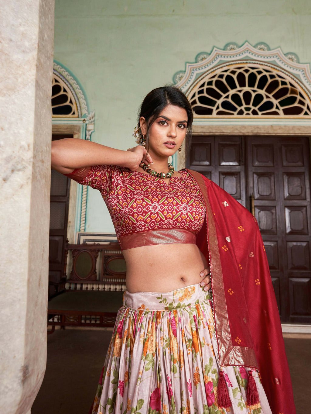 Vastranavya Exquisite Tussar Silk Lehenga Set With Perfect Floral And Patola Print Design Lehenga Choli - Red | Grocsy