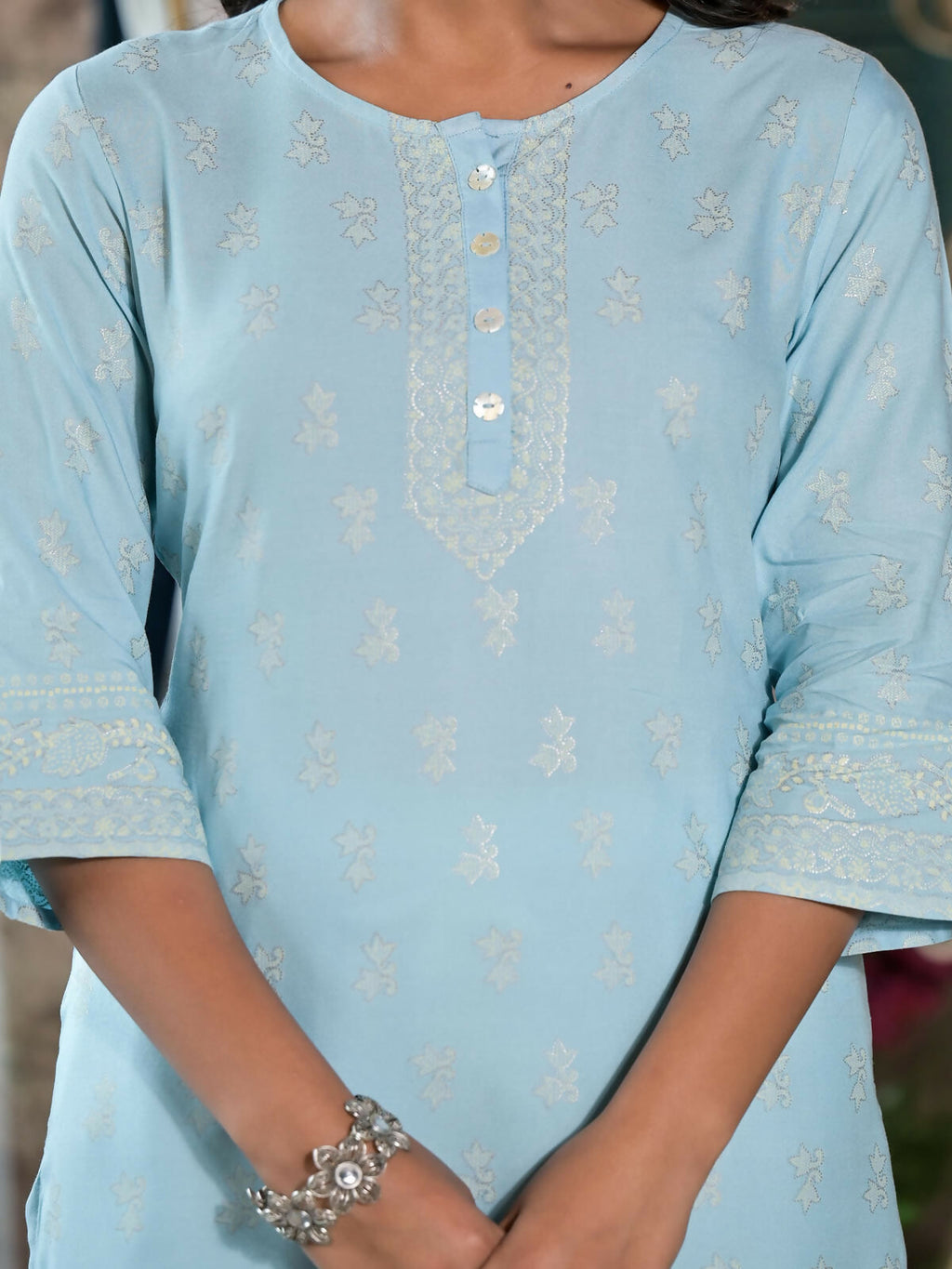 Juniper Women's Powder Blue Ethnic Motif Printed Rayon Kurta With Buttons | Grocsy