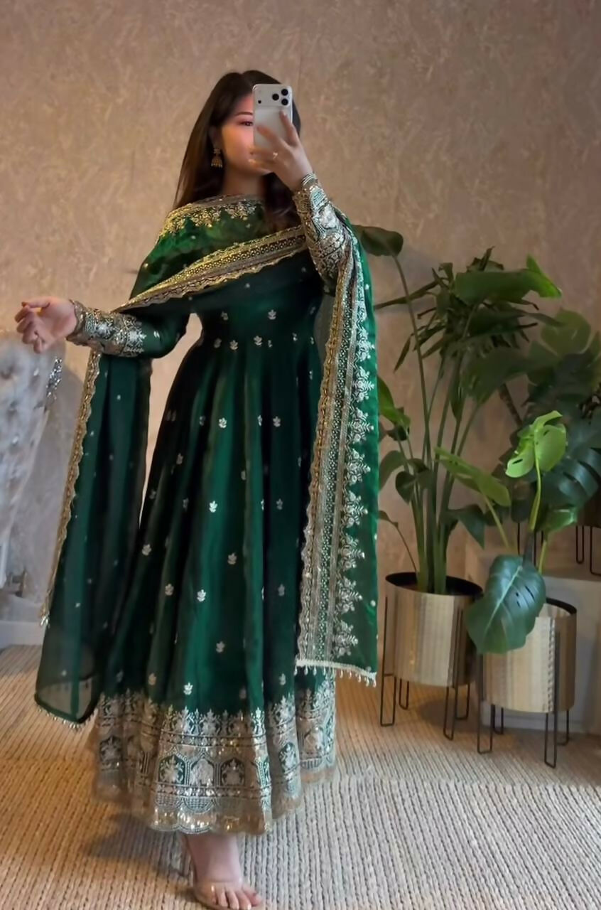 Teeya Creation Green Fendi Silk Designer Heavy Work Wedding Wear Long Gown | Grocsy