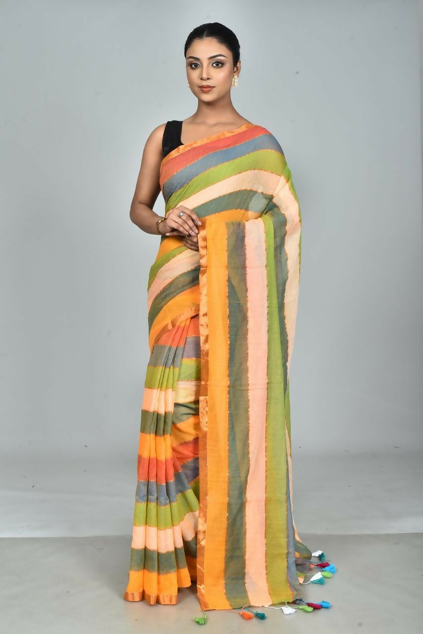 Exclusive Collection Beautiful Multi3 Pure Cotton Woven Handloom Saree With Running Blouse Piece | Grocsy